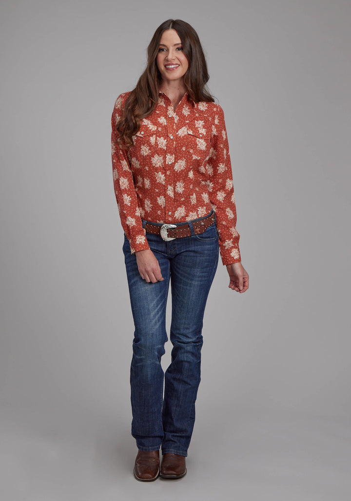 WOMENS ORANGE AND CREAM FLORAL LONG SLEEVE SNAP WESTERN SHIRT