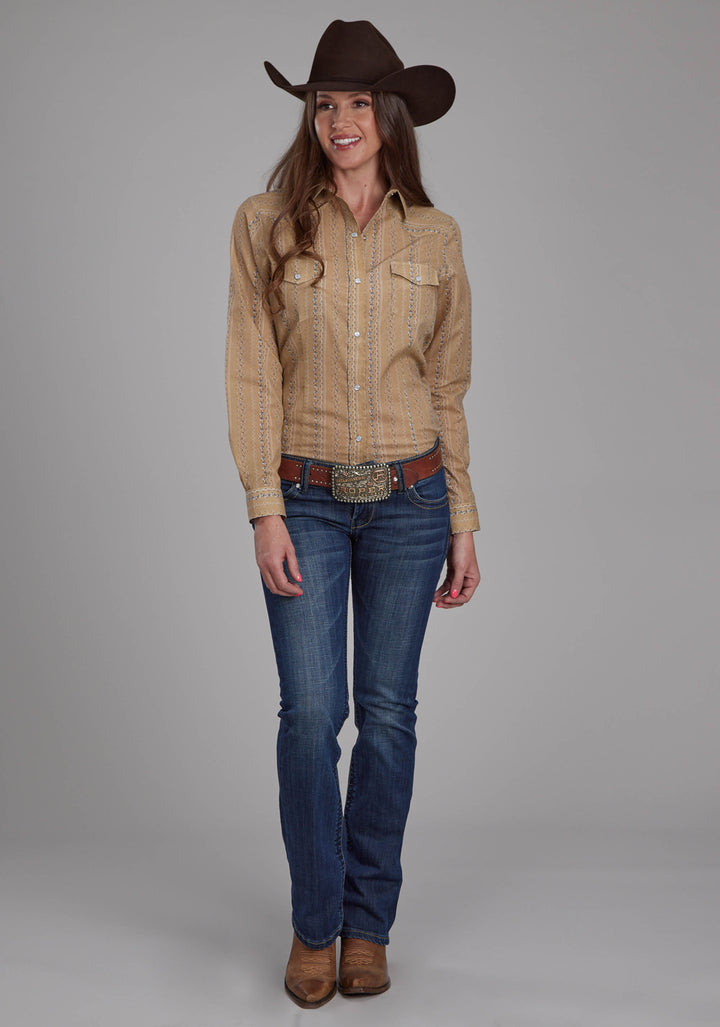 WOMENS TAN AND NAVY WALLPAPER LONG SLEEVE SNAP WESTERN SHIRT