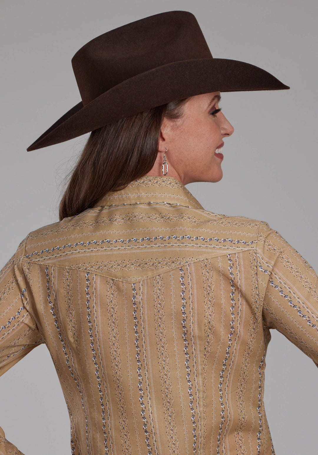 WOMENS TAN AND NAVY WALLPAPER LONG SLEEVE SNAP WESTERN SHIRT