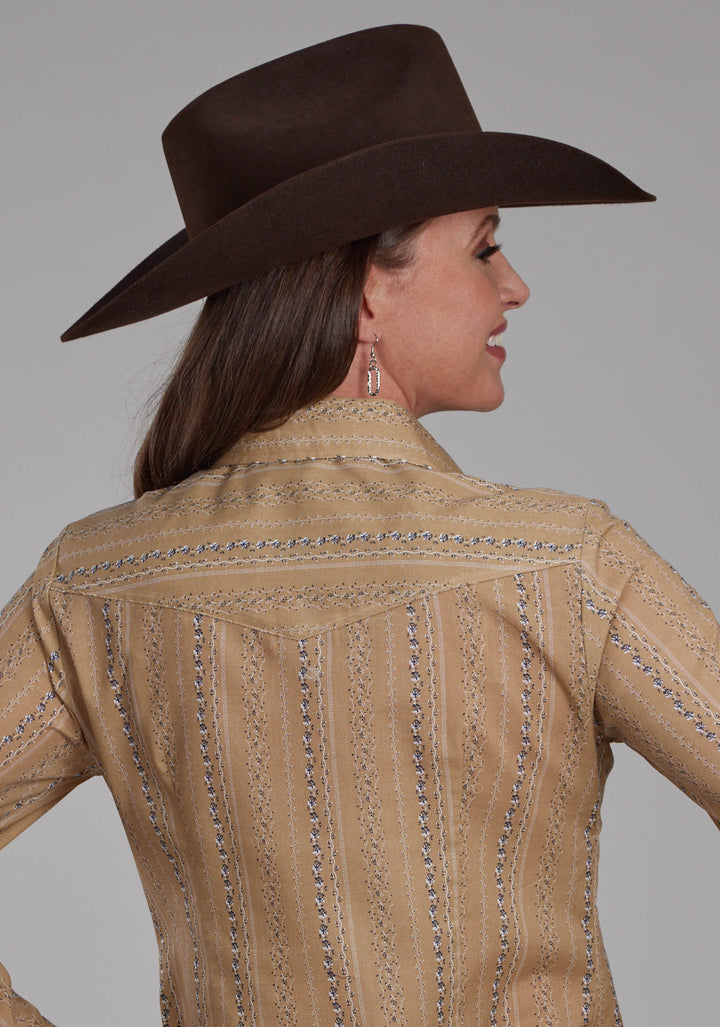 WOMENS TAN AND NAVY WALLPAPER LONG SLEEVE SNAP WESTERN SHIRT