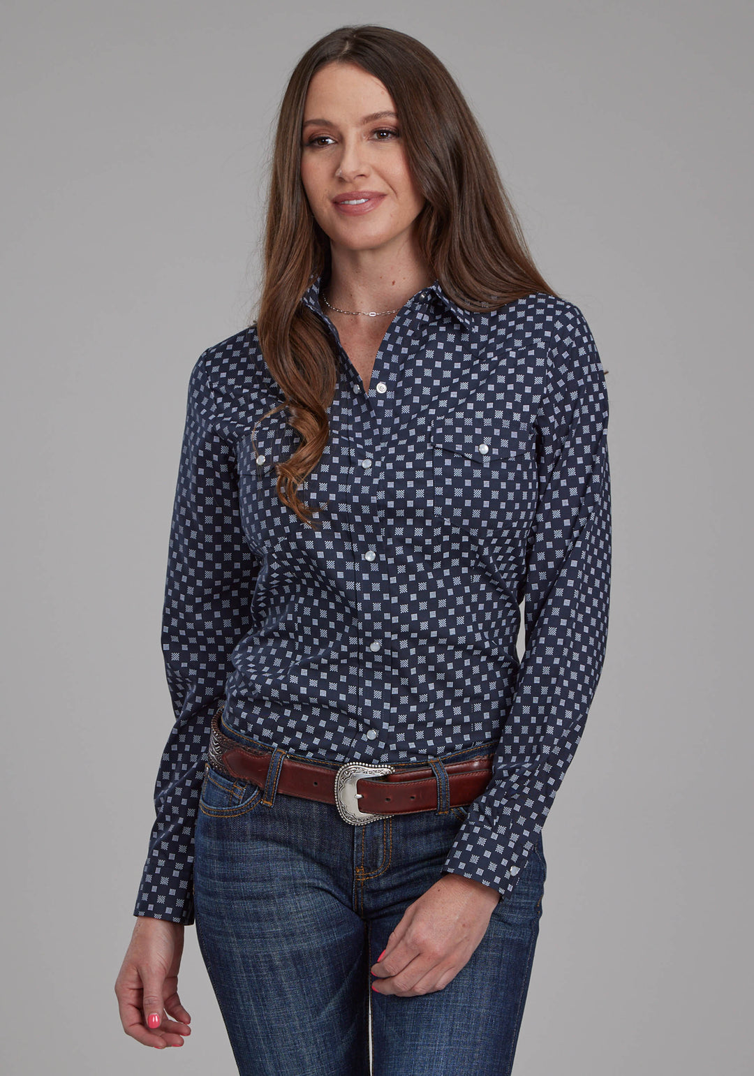 WOMENS NAVY AND WHITE SQUARES LONG SLEEVE SNAP WESTERN SHIRT