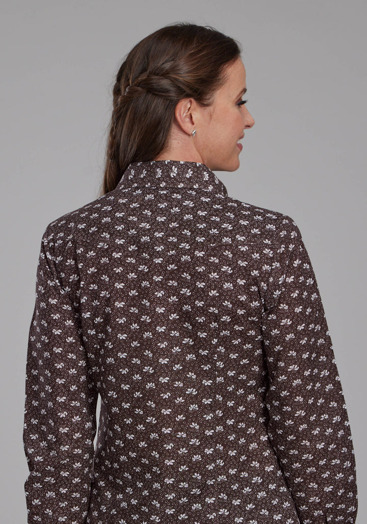 WOMENS BROWN AND CREAM FLORAL LONG SLEEVE SNAP WESTERN SHIRT