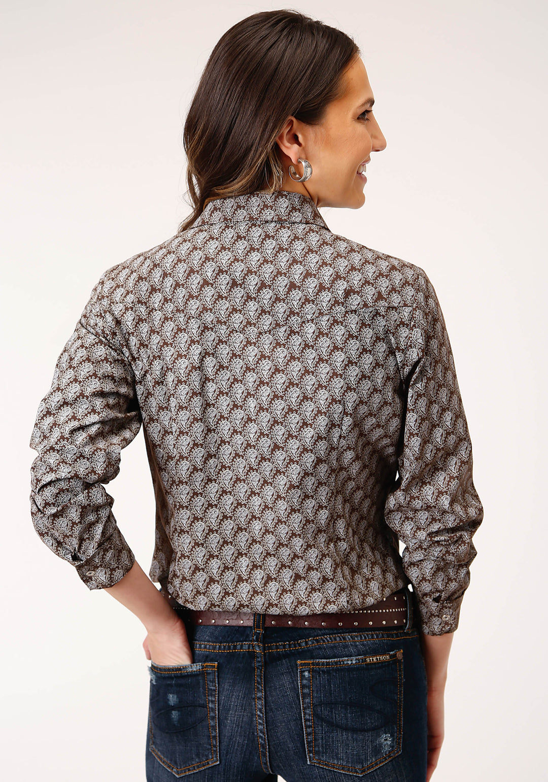 WOMENS LONG SLEEVE SNAP CHOCOLATE AND CREAM TEAR DROP PRINT WESTERN SHIRT