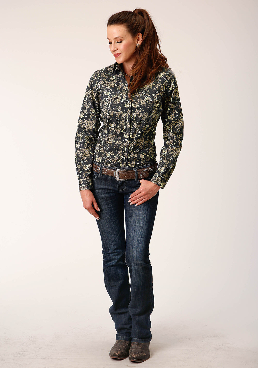 WOMENS LONG SLEEVE SNAP VINTAGE DARK FLORAL PRINT WESTERN SHIRT
