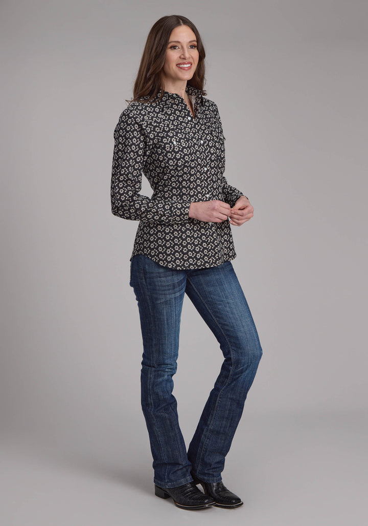WOMENS BLACK AND CREAM FLORAL PRINT LONG SLEEVE SNAP WESTERN SHIRT