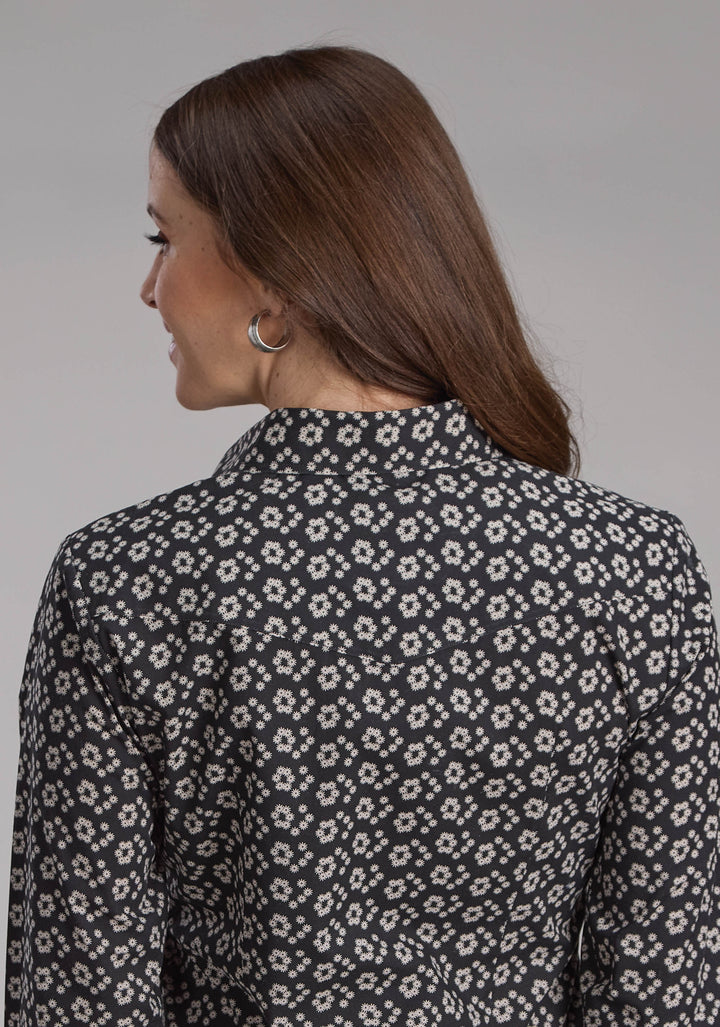 WOMENS BLACK AND CREAM FLORAL PRINT LONG SLEEVE SNAP WESTERN SHIRT