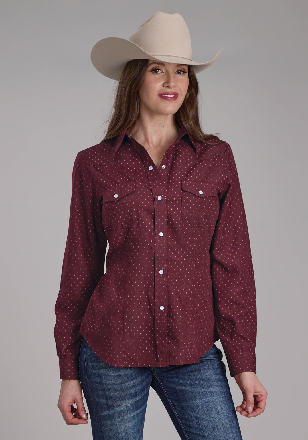 WOMENS WINE DOT PRINT LONG SLEEVE SNAP WESTERN SHIRT