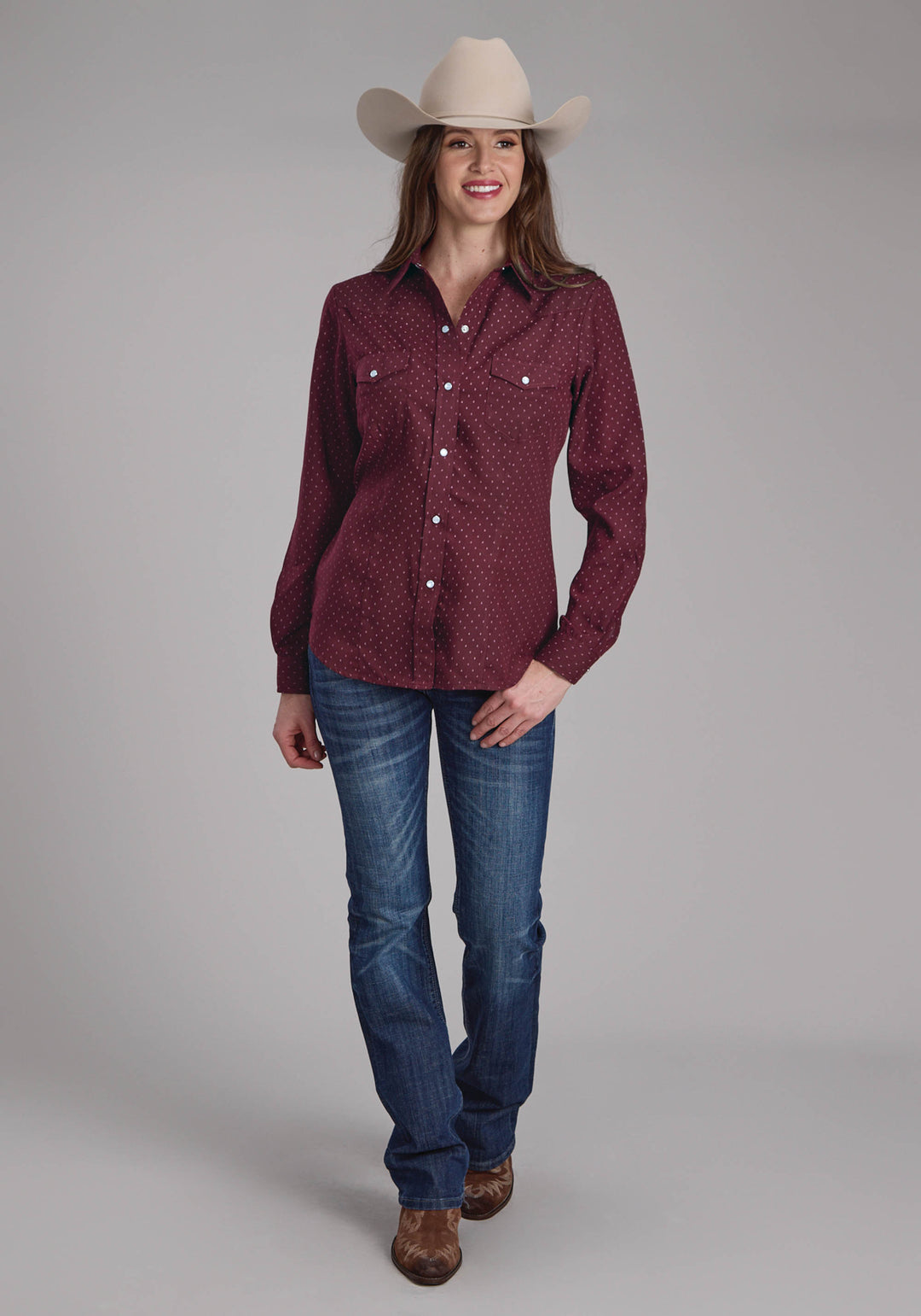 WOMENS WINE DOT PRINT LONG SLEEVE SNAP WESTERN SHIRT