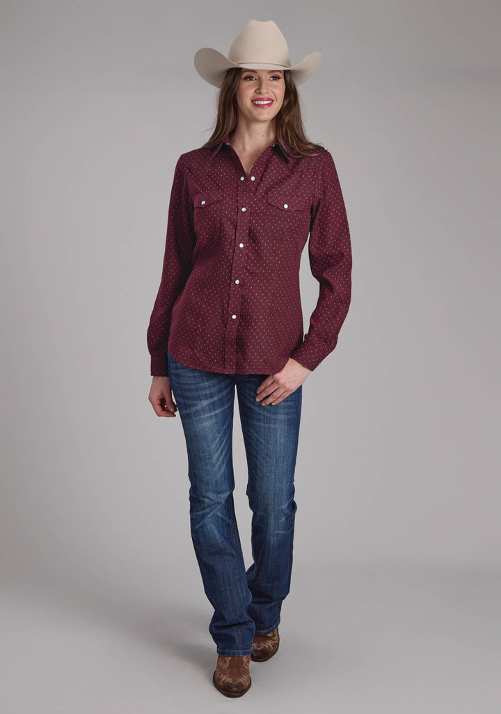 WOMENS WINE DOT PRINT LONG SLEEVE SNAP WESTERN SHIRT