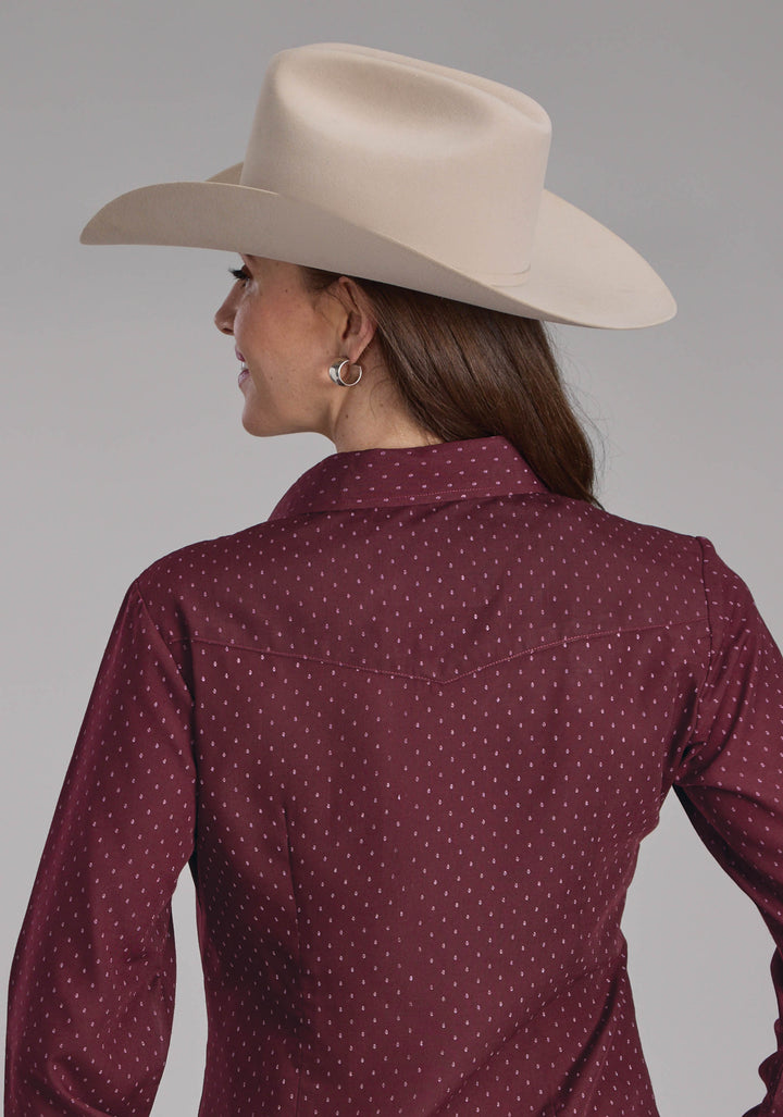 WOMENS WINE DOT PRINT LONG SLEEVE SNAP WESTERN SHIRT