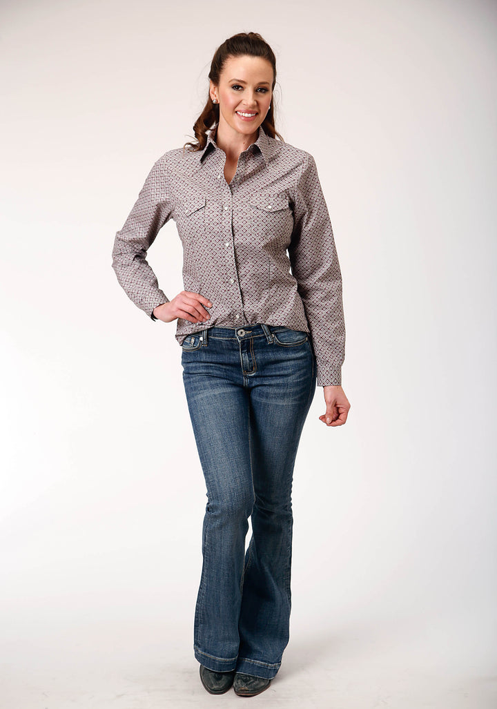 WOMENS LONG SLEEVE SNAP WINE TAUPE RETRO PRINT WESTERN SHIRT