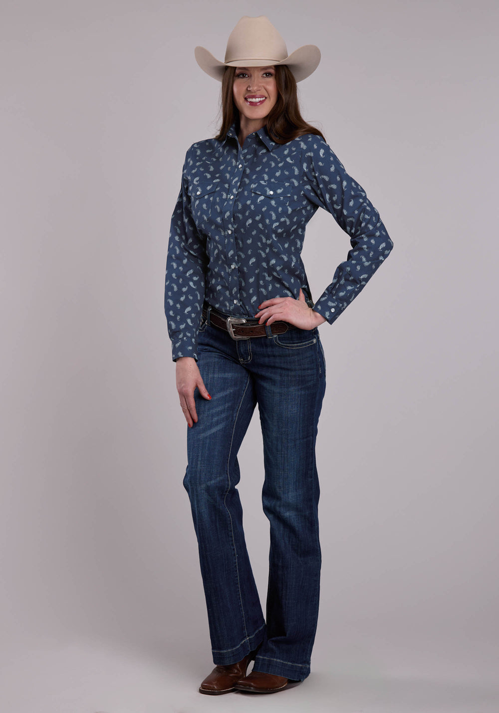 WOMENS LONG SLEEVE SNAP BLUE PAISLEY WESTERN SHIRT