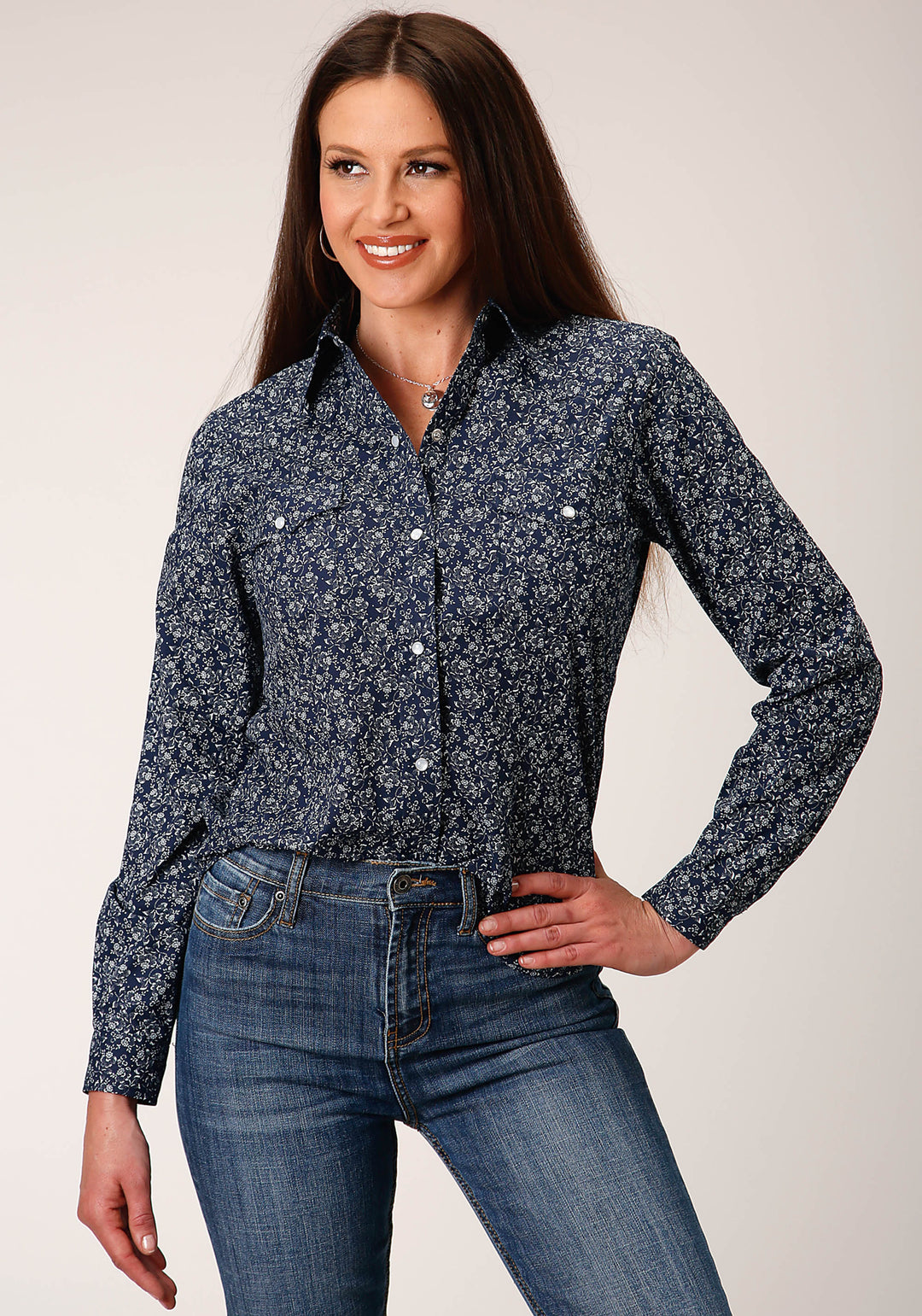 WOMENS LONG SLEEVE SNAP NAVY AND WHITE FLORAL PRINT WESTERN SHIRT