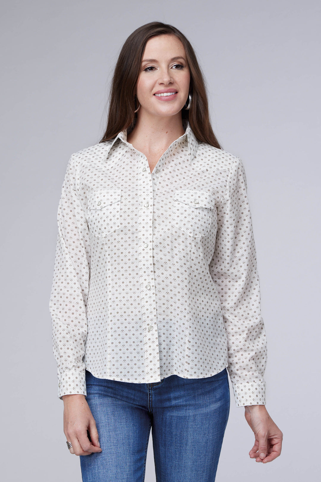 WOMENS CREAM TAUPE MINI FLORAL PRINT LONG SLEEVE SNAP WESTERN SHIRT