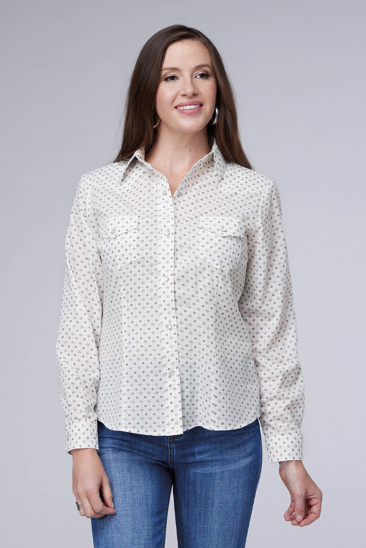 WOMENS CREAM TAUPE MINI FLORAL PRINT LONG SLEEVE SNAP WESTERN SHIRT