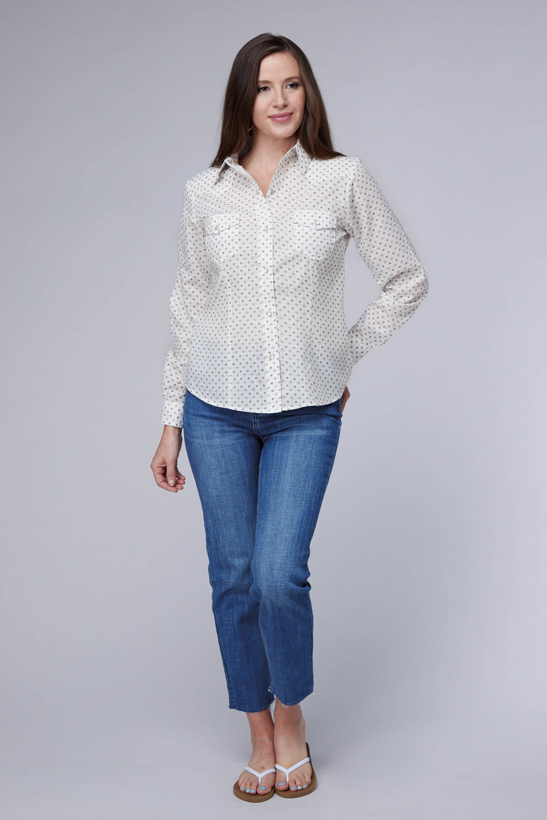 WOMENS CREAM TAUPE MINI FLORAL PRINT LONG SLEEVE SNAP WESTERN SHIRT