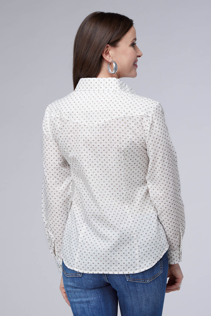 WOMENS CREAM TAUPE MINI FLORAL PRINT LONG SLEEVE SNAP WESTERN SHIRT
