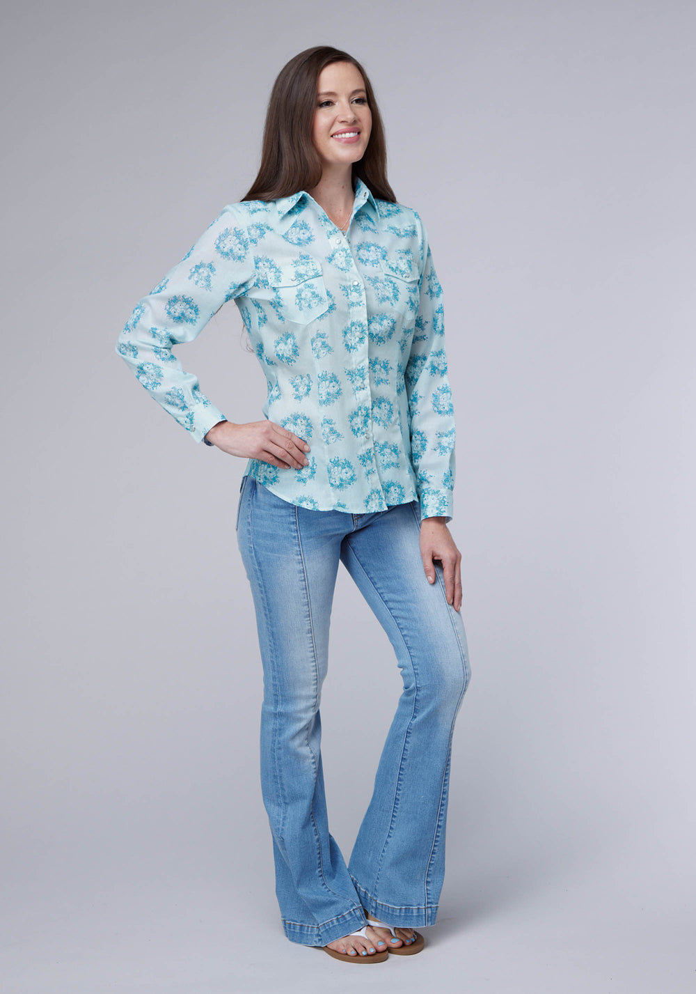 WOMENS MULTI BLUE FLORAL PRINT LONG SLEEVE SNAP WESTERN SHIRT
