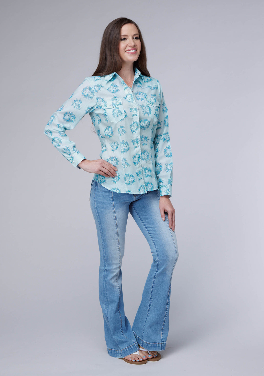 WOMENS MULTI BLUE FLORAL PRINT LONG SLEEVE SNAP WESTERN SHIRT