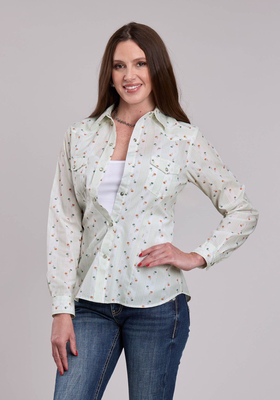 WOMENS ROPER CREAM FLORAL PRINT LONG SLEEVE SNAP SHIRT