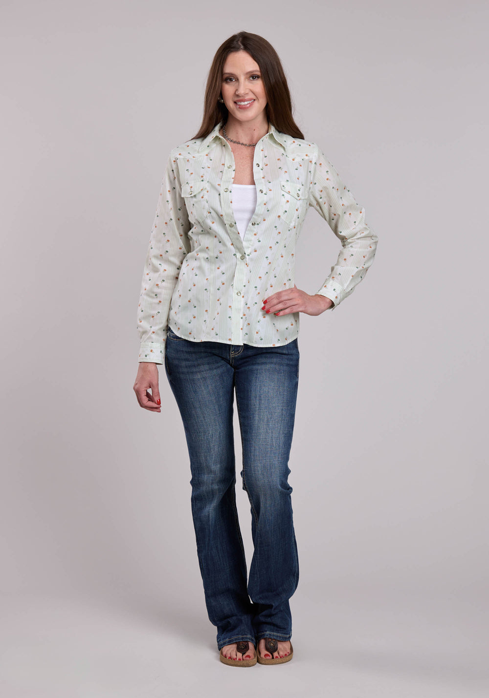 WOMENS ROPER CREAM FLORAL PRINT LONG SLEEVE SNAP SHIRT