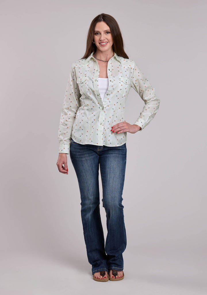 WOMENS ROPER CREAM FLORAL PRINT LONG SLEEVE SNAP SHIRT