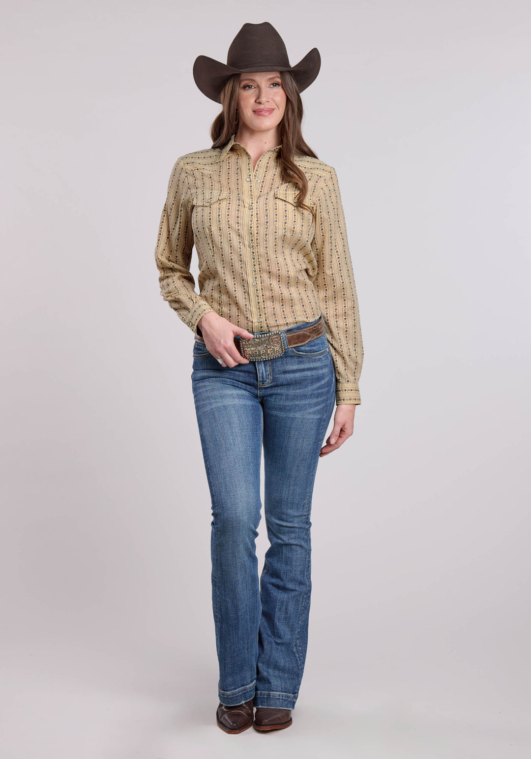 WOMENS LONG SLEEVE SNAP WALLPAPER FLORAL PRINT WESTERN SHIRT