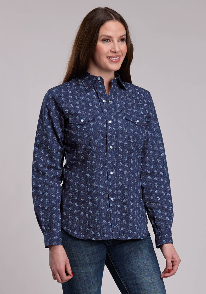 WOMENS ROPER NAVY AND LIGHT GREY FLORAL PRINT WESTERN SNAP SHIRT