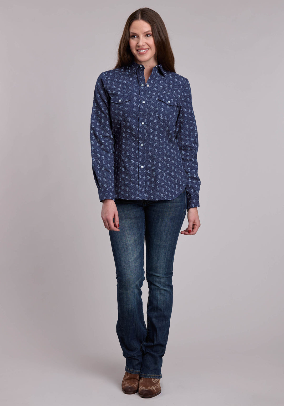 WOMENS ROPER NAVY AND LIGHT GREY FLORAL PRINT WESTERN SNAP SHIRT