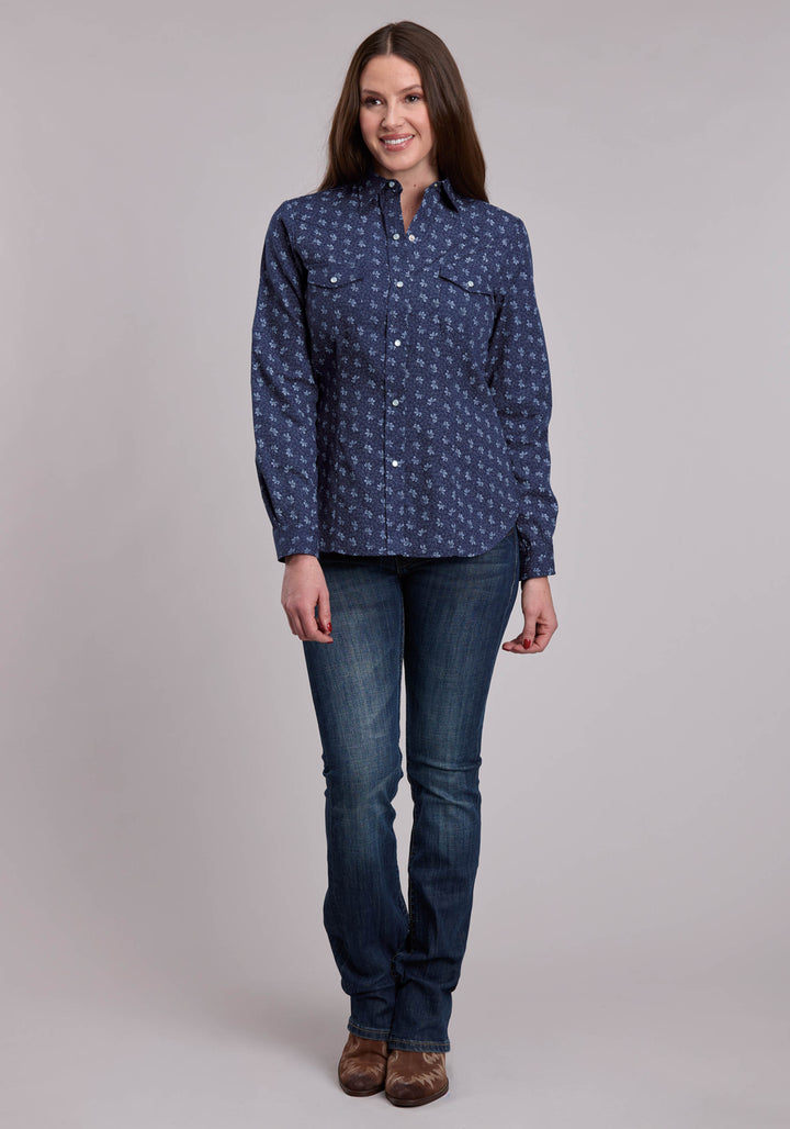WOMENS ROPER NAVY AND LIGHT GREY FLORAL PRINT WESTERN SNAP SHIRT
