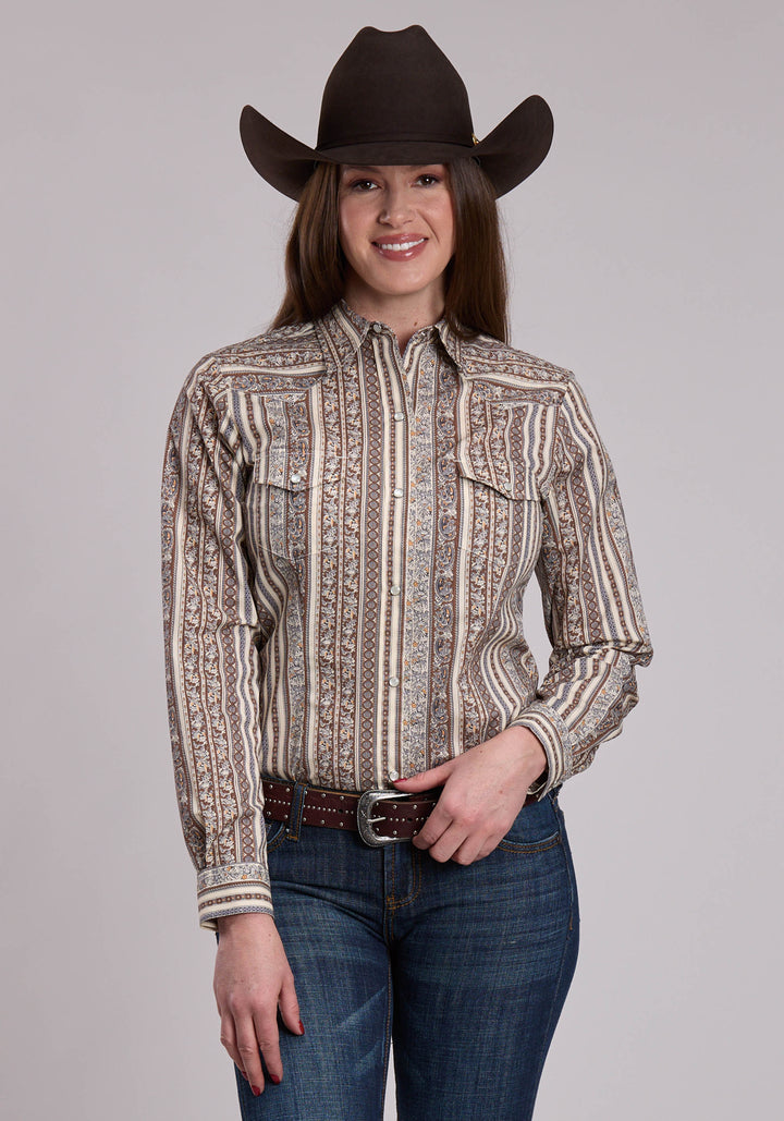 WOMENS ROPER BROWN AND GREY AND CREAM WALLPAPER PRINT WESTERN SNAP SHIRT