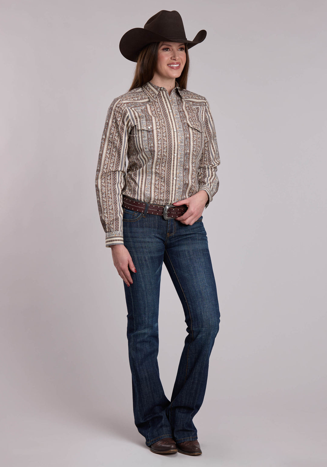 WOMENS ROPER BROWN AND GREY AND CREAM WALLPAPER PRINT WESTERN SNAP SHIRT