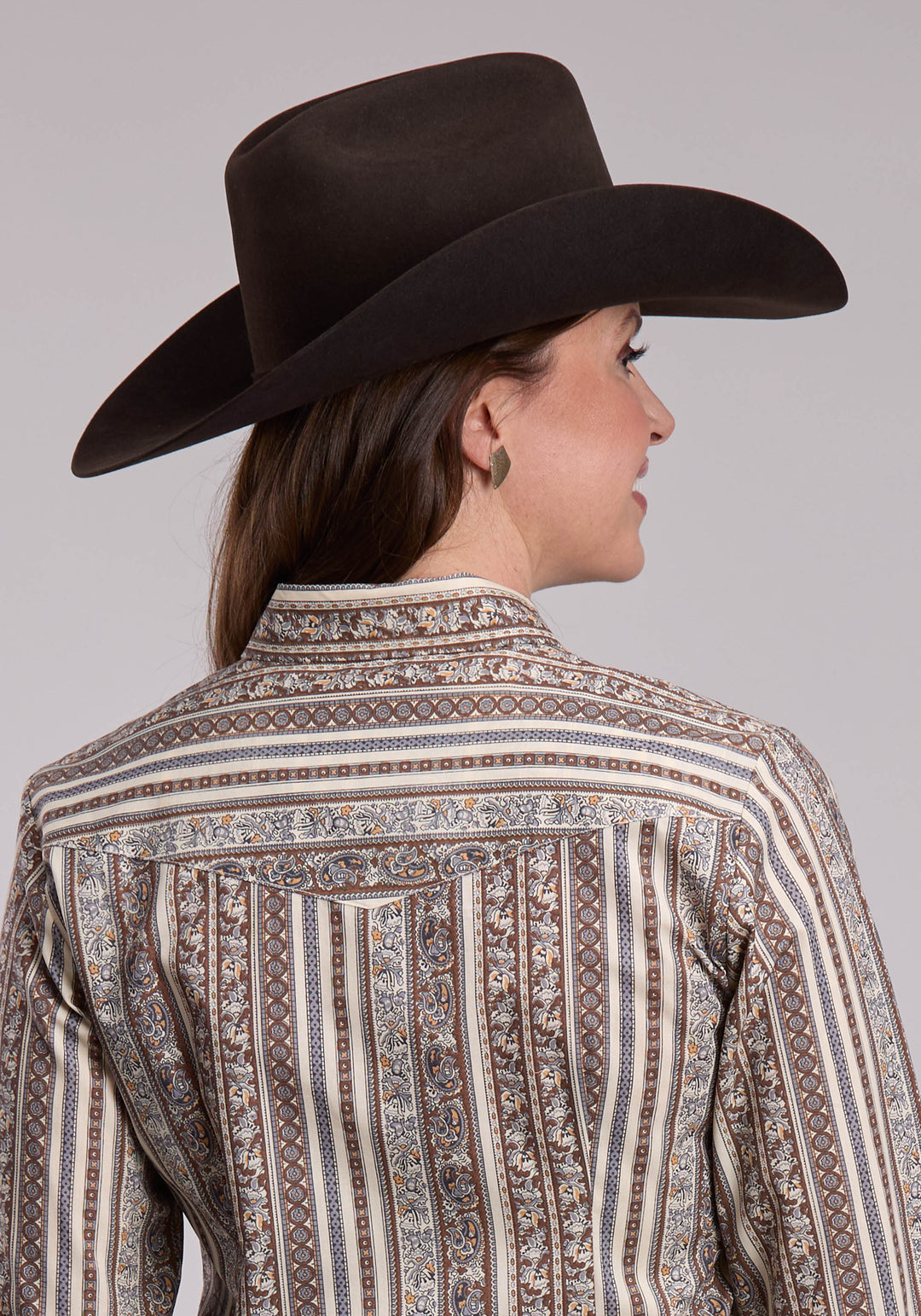 WOMENS ROPER BROWN AND GREY AND CREAM WALLPAPER PRINT WESTERN SNAP SHIRT