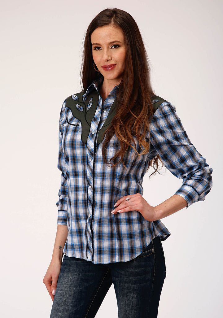 WOMENS LONG SLEEVE SNAP NAVY BLUE GREY AND WHITE PLAID WESTERN SHIRT