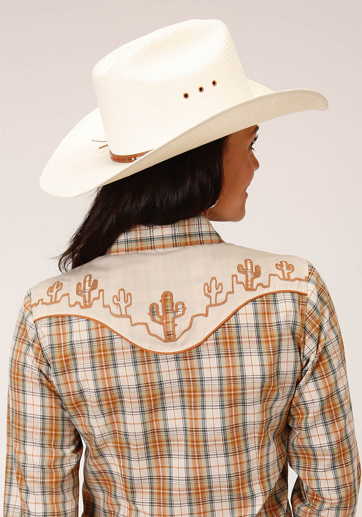 WOMENS LONG SLEEVE SNAP KHAKI FOREST GREEN AND CREAM PLAID WESTERN SHIRT