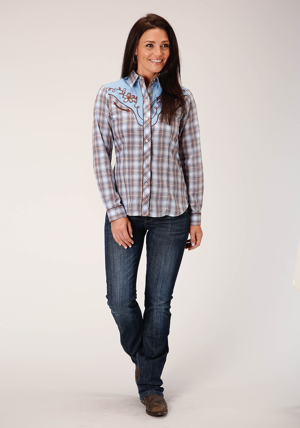 WOMENS LONG SLEEVE SNAP LIGHT BLUE CHOCOLATE WHITE PLAID WESTERN SHIRT