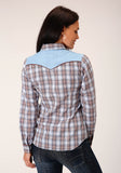 WOMENS LONG SLEEVE SNAP LIGHT BLUE CHOCOLATE WHITE PLAID WESTERN SHIRT