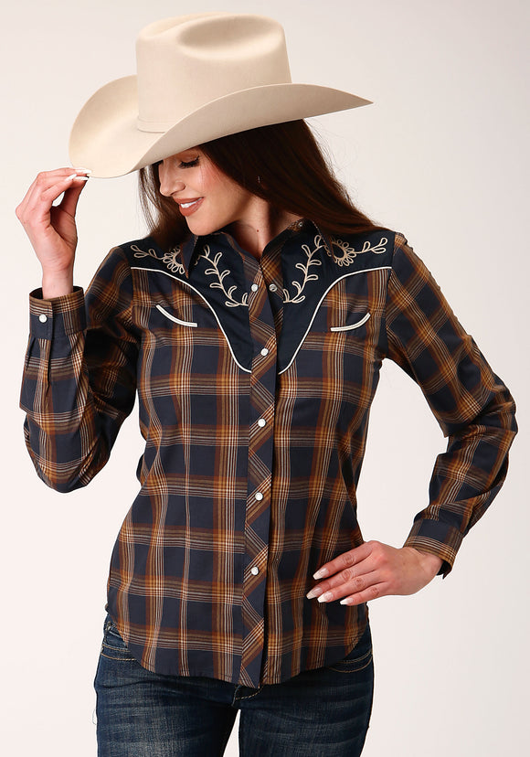 WOMENS LONG SLEEVE SNAP NAVY AND BROWN PLAID WESTERN SHIRT