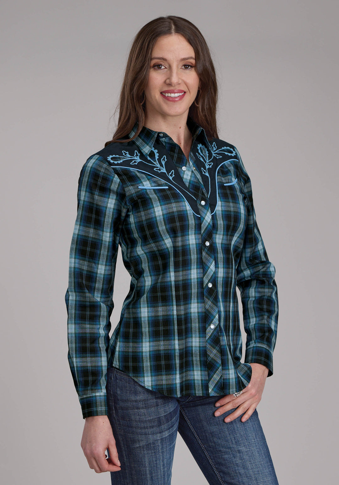 WOMENS MULIT BLUE WINDOWPANE PLAID LONG SLEEVE SNAP WESTERN SHIRT