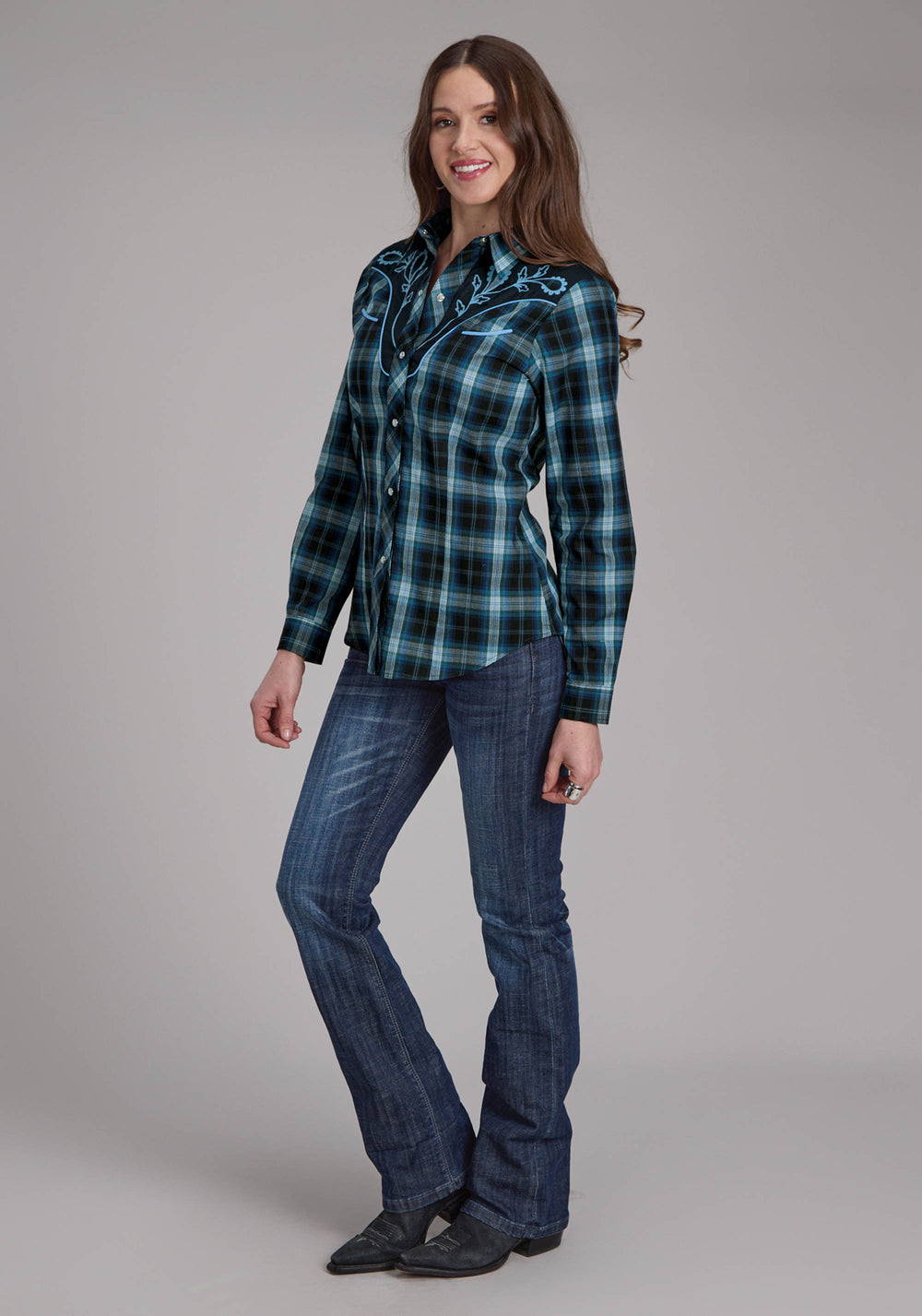 WOMENS MULIT BLUE WINDOWPANE PLAID LONG SLEEVE SNAP WESTERN SHIRT
