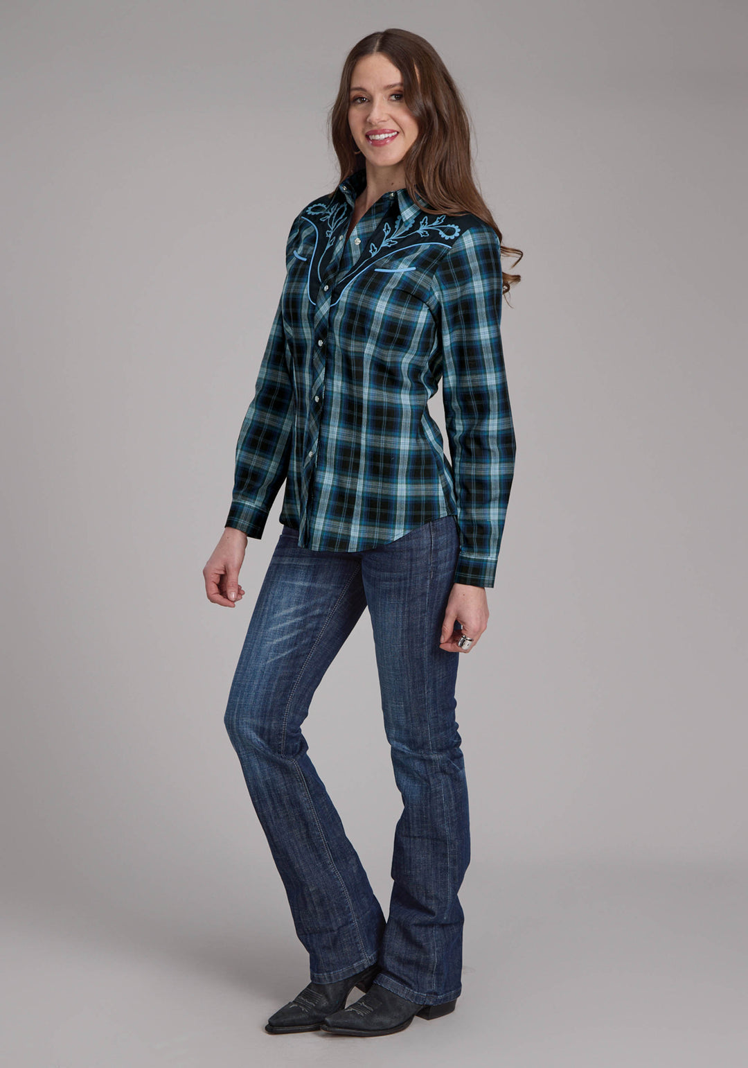WOMENS MULIT BLUE WINDOWPANE PLAID LONG SLEEVE SNAP WESTERN SHIRT