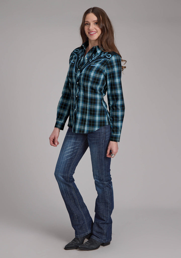 WOMENS MULIT BLUE WINDOWPANE PLAID LONG SLEEVE SNAP WESTERN SHIRT