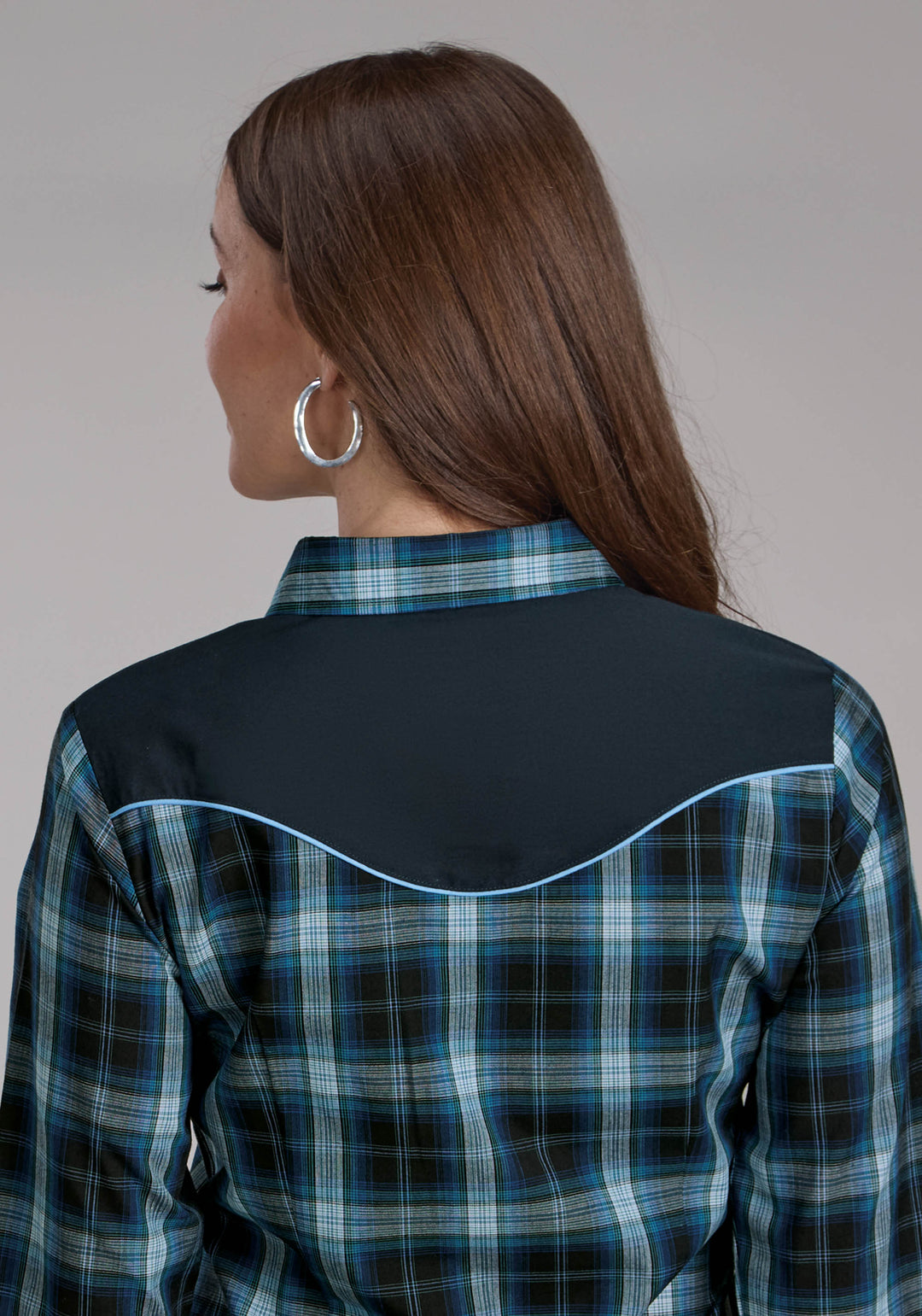 WOMENS MULIT BLUE WINDOWPANE PLAID LONG SLEEVE SNAP WESTERN SHIRT