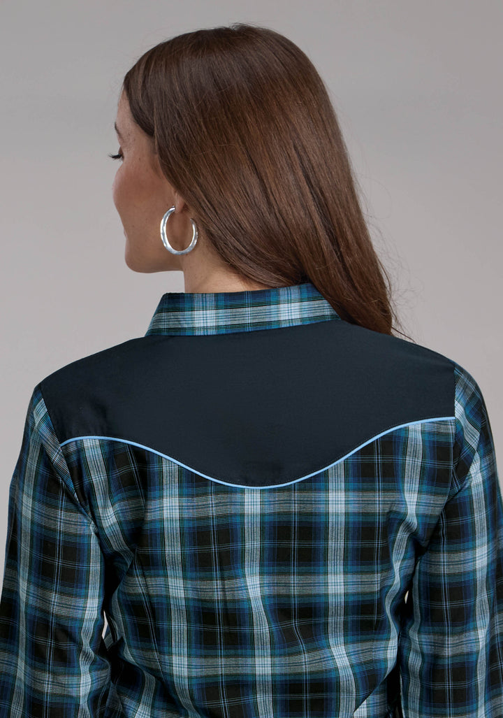 WOMENS MULIT BLUE WINDOWPANE PLAID LONG SLEEVE SNAP WESTERN SHIRT