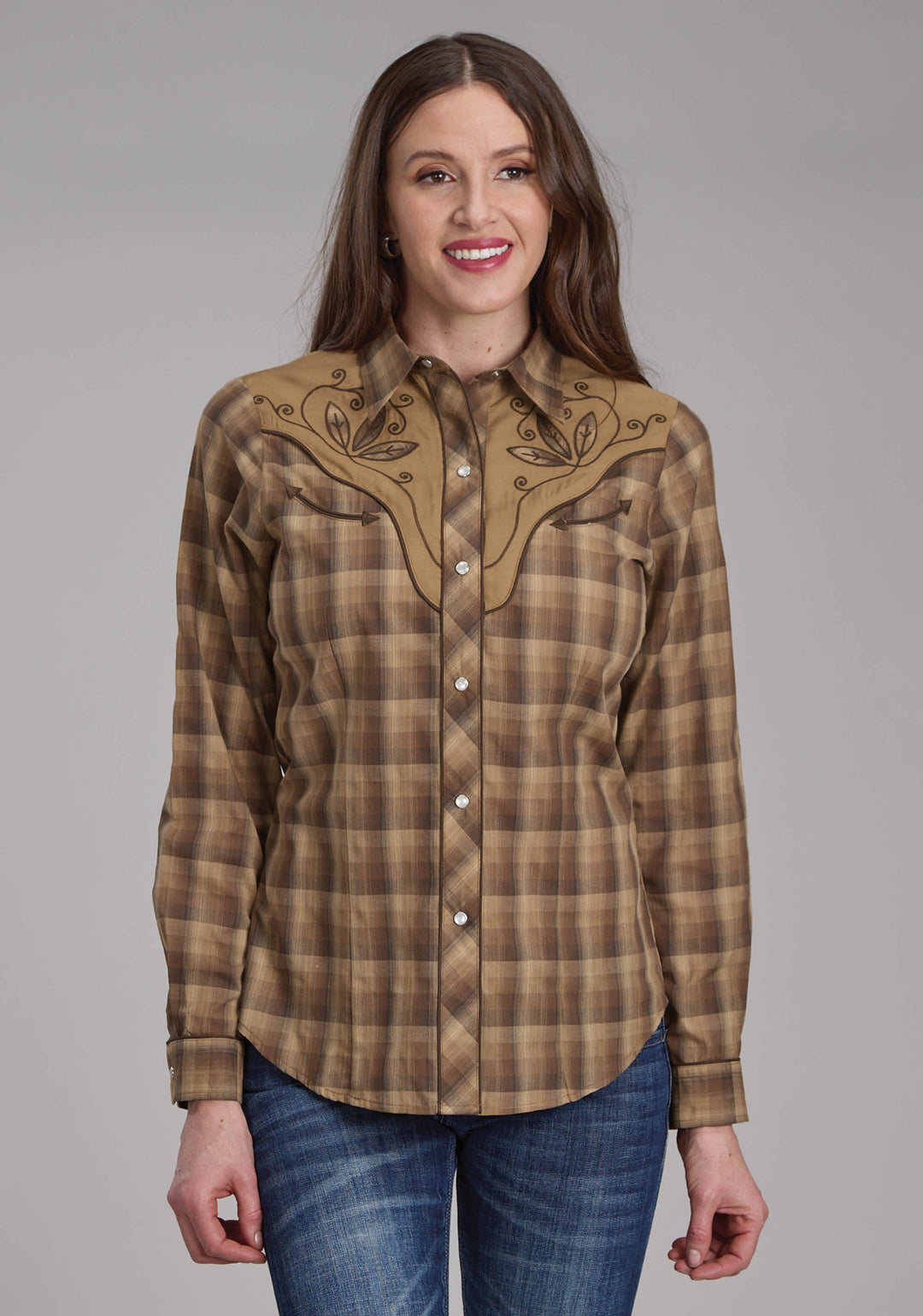 WOMENS BROWN AND TAN OMBRE PLAID LONG SLEEVE SNAP WESTERN SHIRT