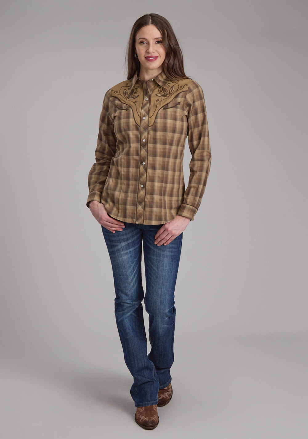 WOMENS BROWN AND TAN OMBRE PLAID LONG SLEEVE SNAP WESTERN SHIRT