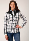 WOMENS LONG SLEEVE SNAP WHITE BLACK GREY PLAID WESTERN SHIRT WITH PIPING CONTRAST YOKES AND APPLIQUE