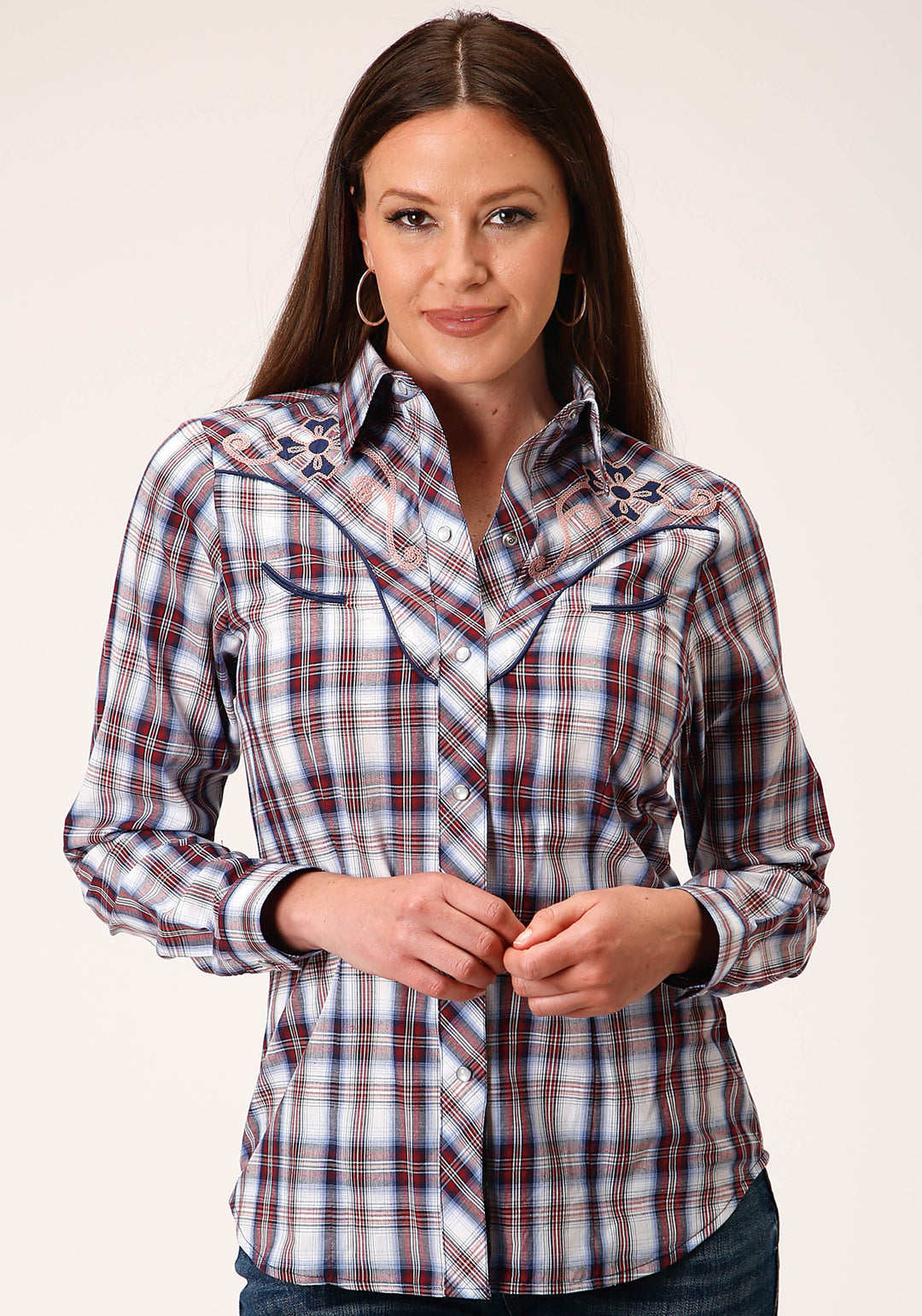 WOMENS LONG SLEEVE SNAP WINE  NAVY  AND WHITE PLAID WESTERN SHIRT