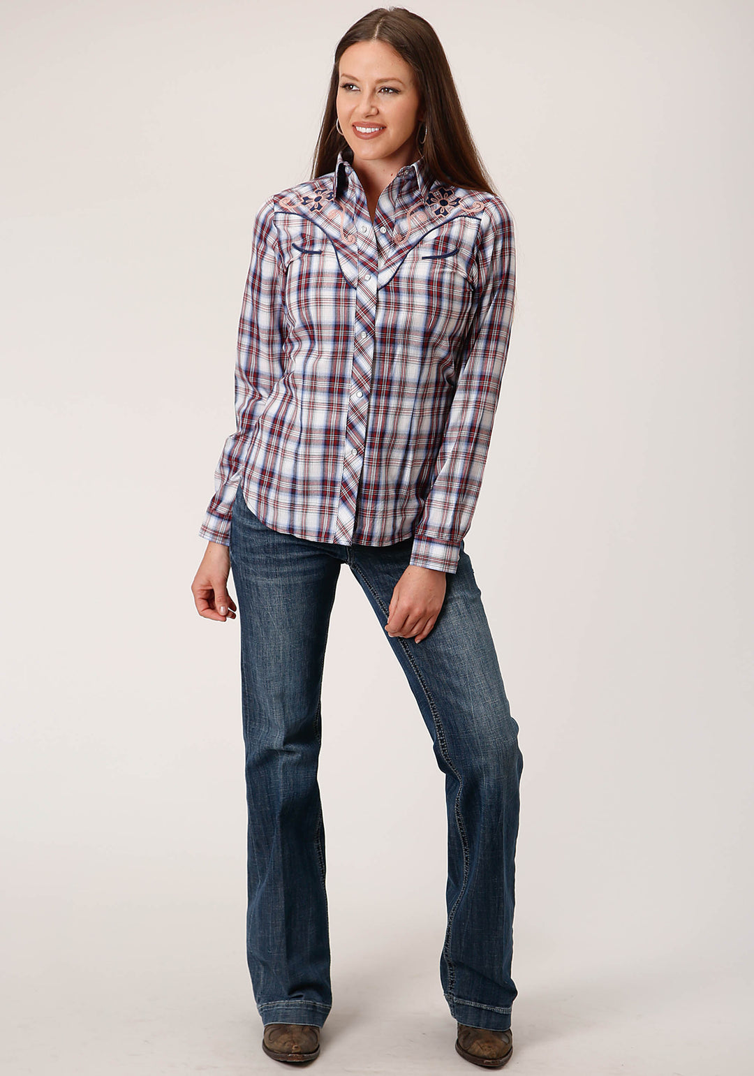 WOMENS LONG SLEEVE SNAP WINE  NAVY  AND WHITE PLAID WESTERN SHIRT