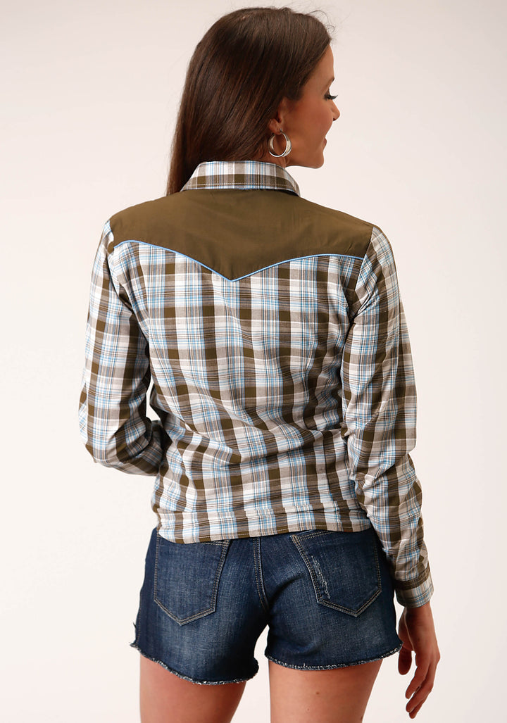 WOMENS LONG SLEEVE SNAP BROWN  BLUE  AND WHITE PLAID WESTERN SHIRT